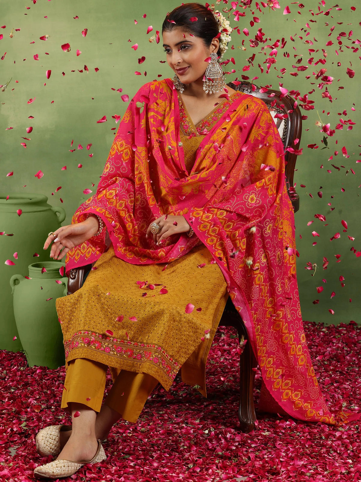 Libas Mustard Embroidered Cotton Straight Suit With Dupatta