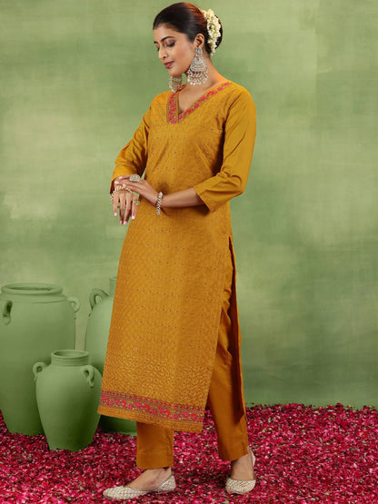 Libas Mustard Embroidered Cotton Straight Suit With Dupatta