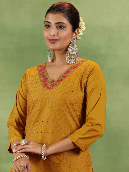 Libas Mustard Embroidered Cotton Straight Suit With Dupatta