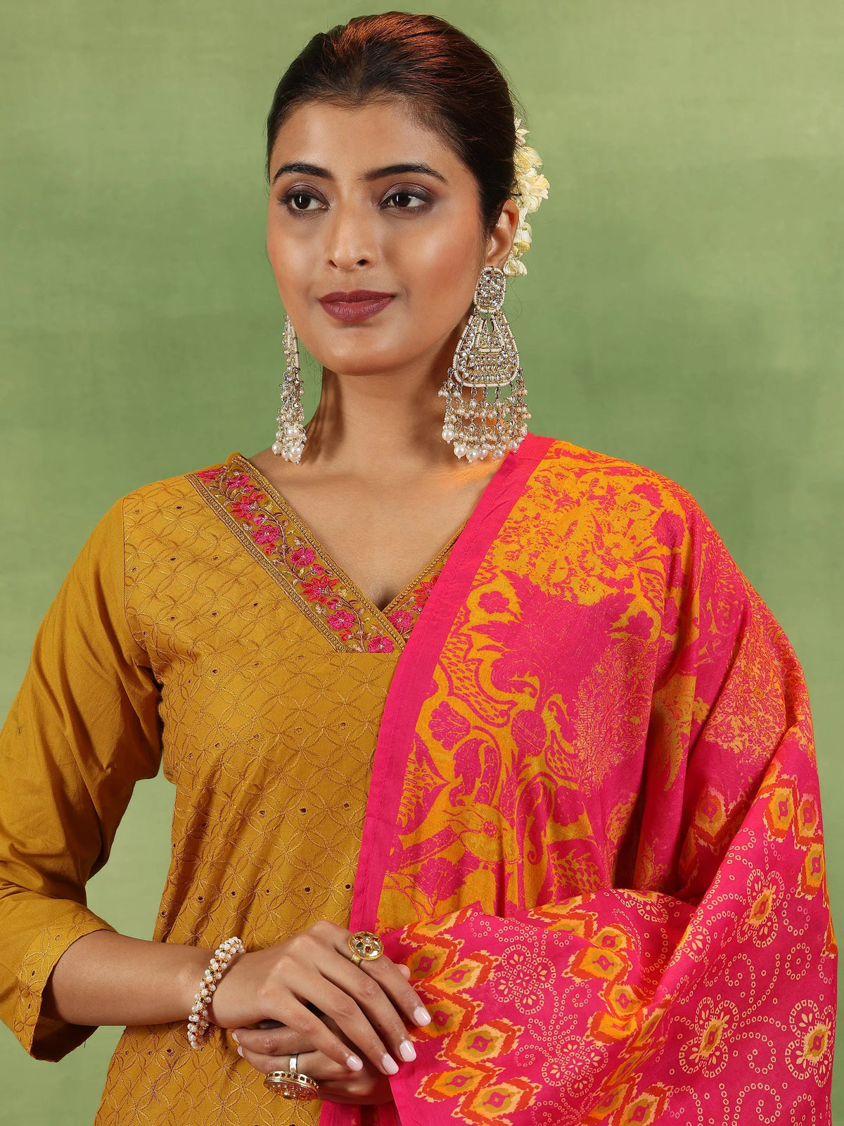 Libas Mustard Embroidered Cotton Straight Suit With Dupatta