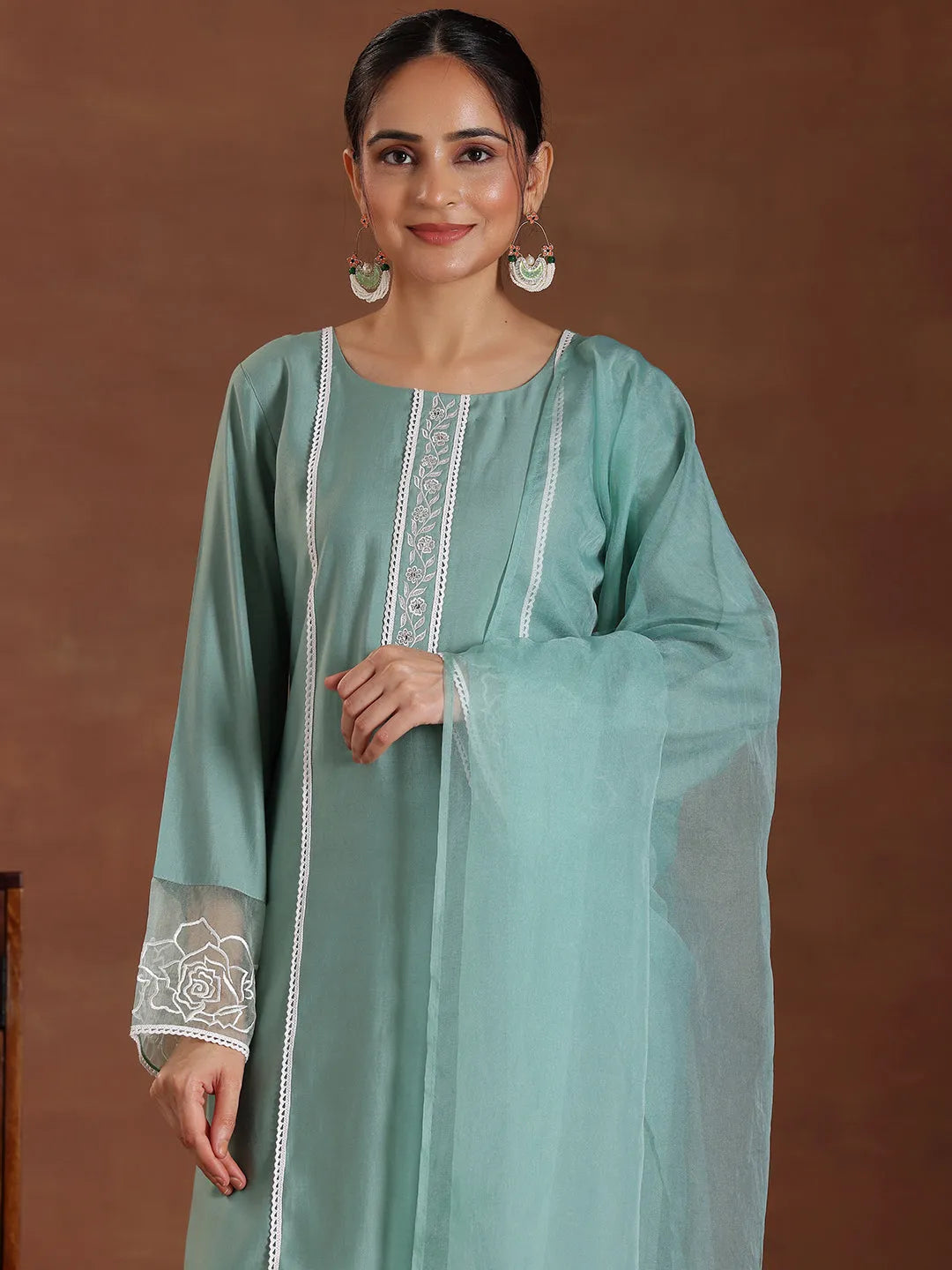 Libas Green Self Design Silk Blend Straight Suit With Dupatta