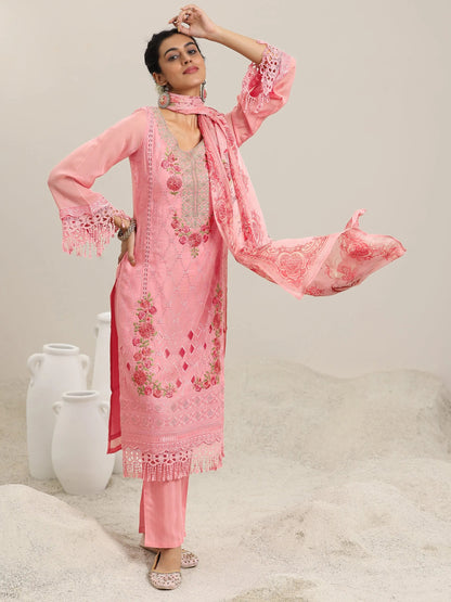 Libas Pink Embroidered Organza Straight Suit With Dupatta