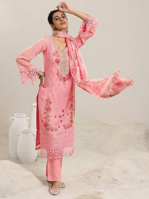 Libas Pink Embroidered Organza Straight Suit With Dupatta