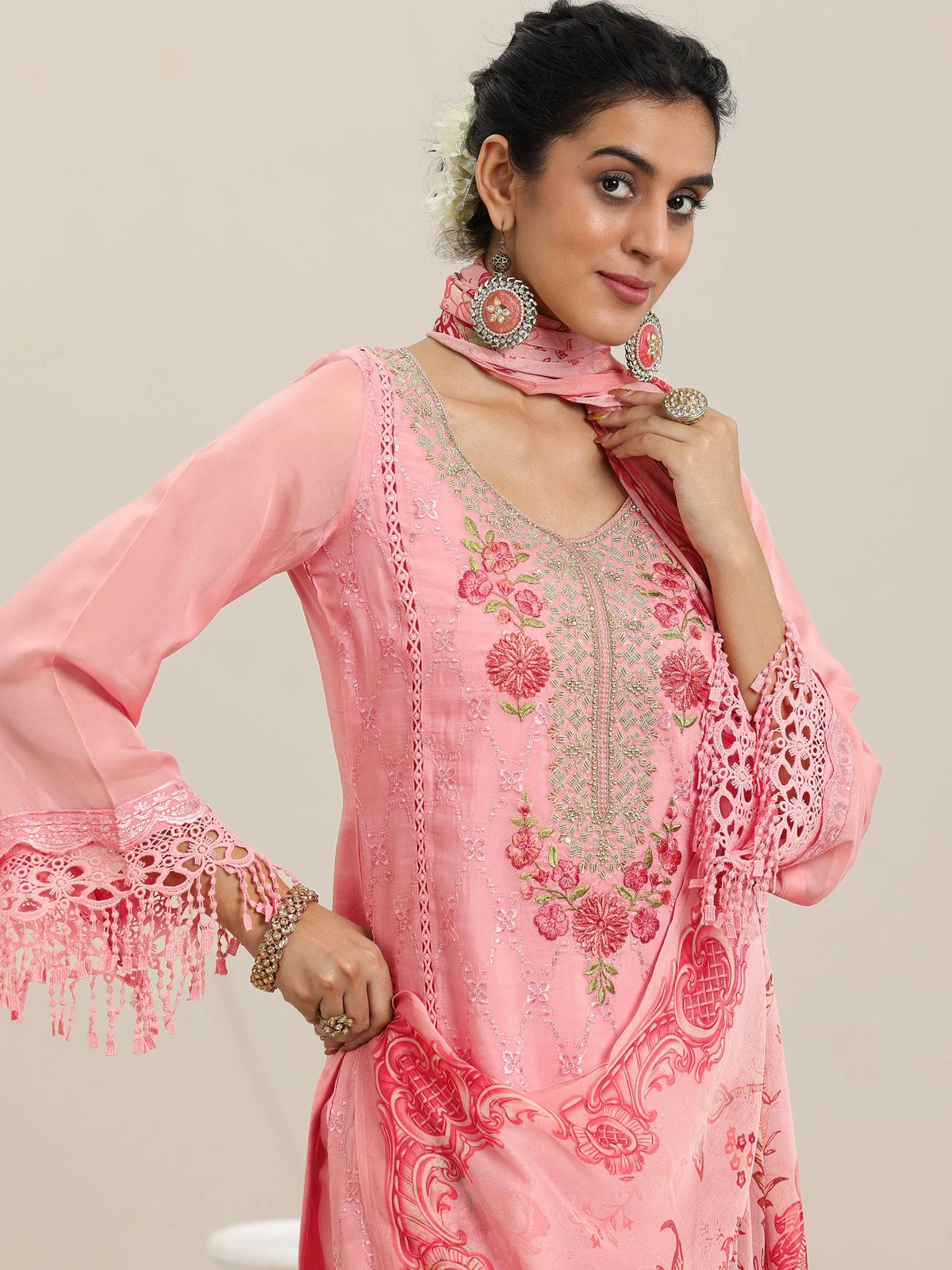 Libas Pink Embroidered Organza Straight Suit With Dupatta
