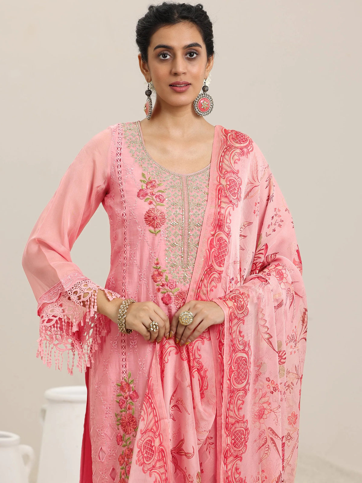 Libas Pink Embroidered Organza Straight Suit With Dupatta