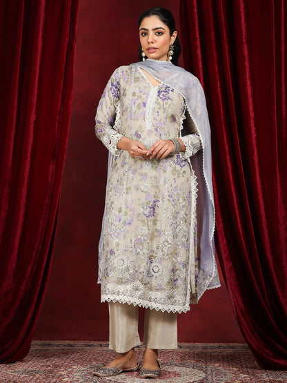 Libas Art Grey Printed Organza Straight Suit With Dupatta