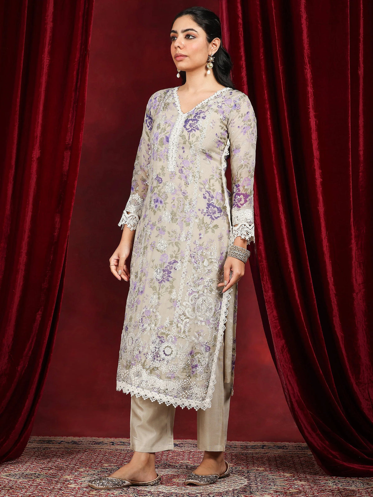 Libas Art Grey Printed Organza Straight Suit With Dupatta