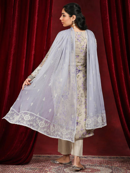 Libas Art Grey Printed Organza Straight Suit With Dupatta
