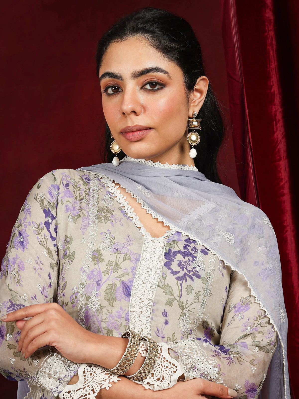 Libas Art Grey Printed Organza Straight Suit With Dupatta