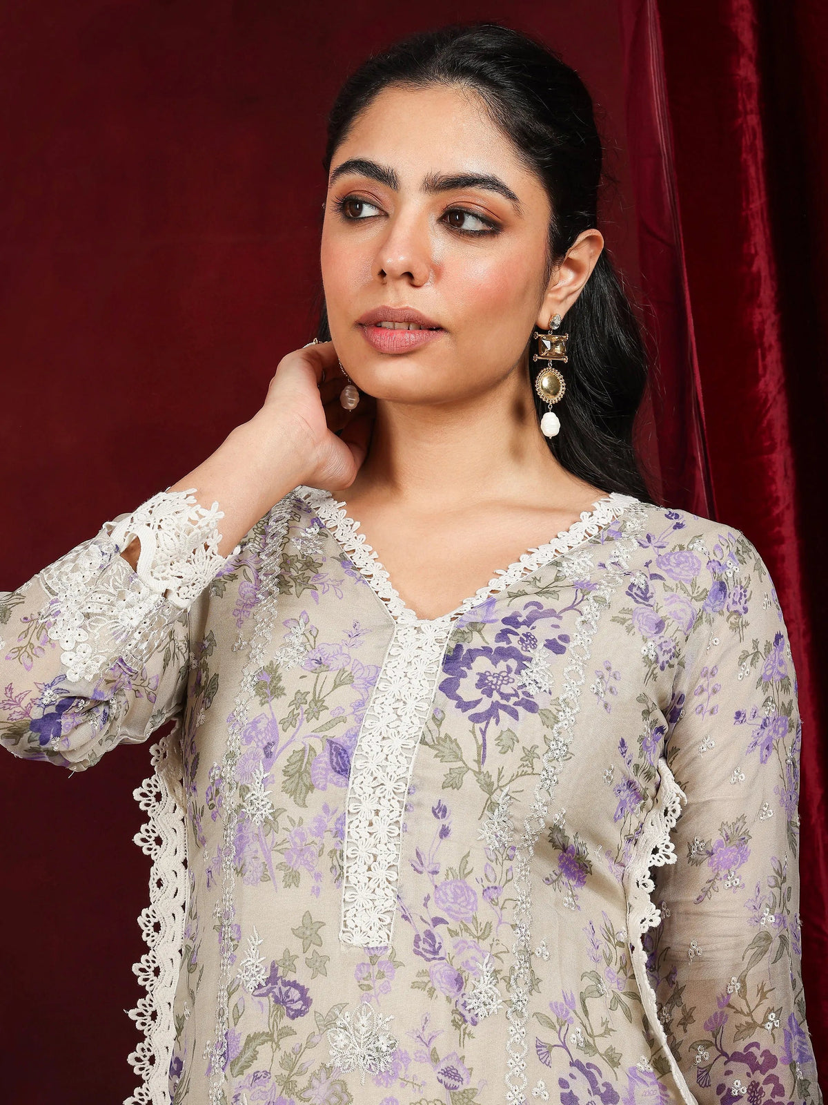Libas Art Grey Printed Organza Straight Suit With Dupatta
