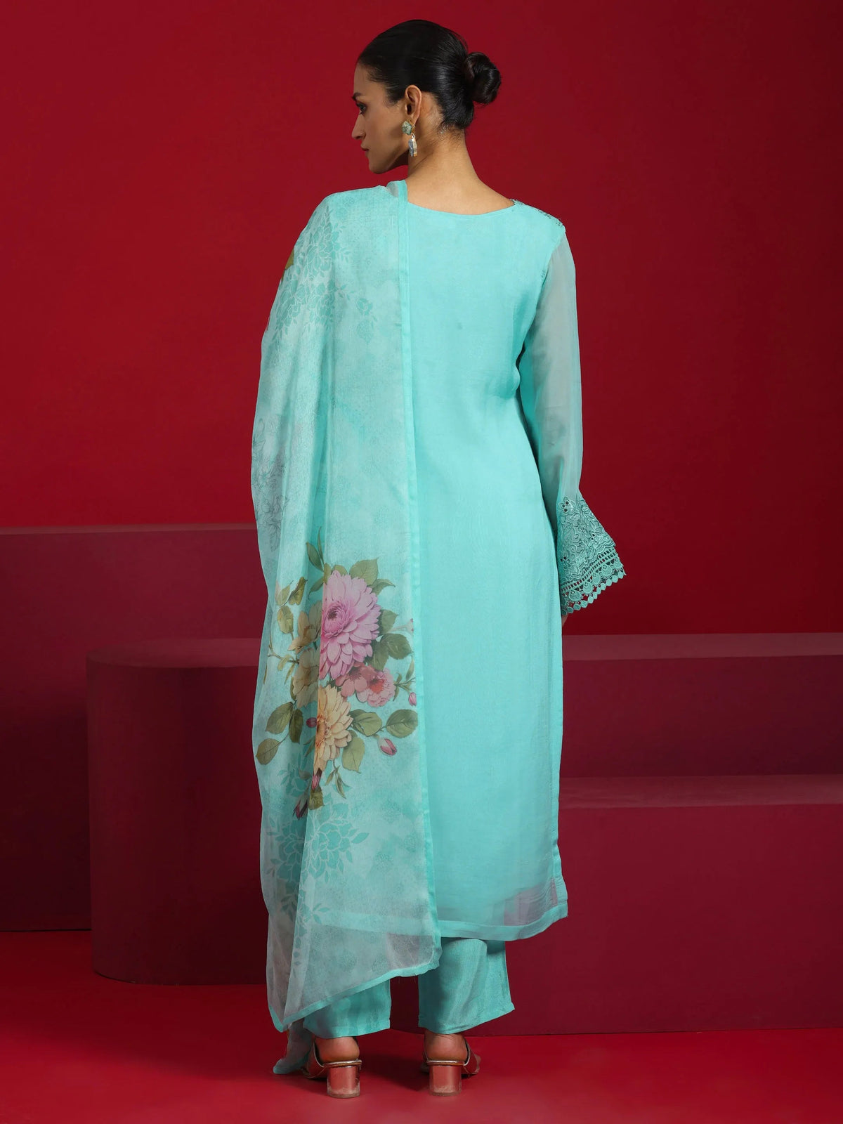 Libas Art Turquoise Blue Embroidered Organza Straight Suit With Dupatta