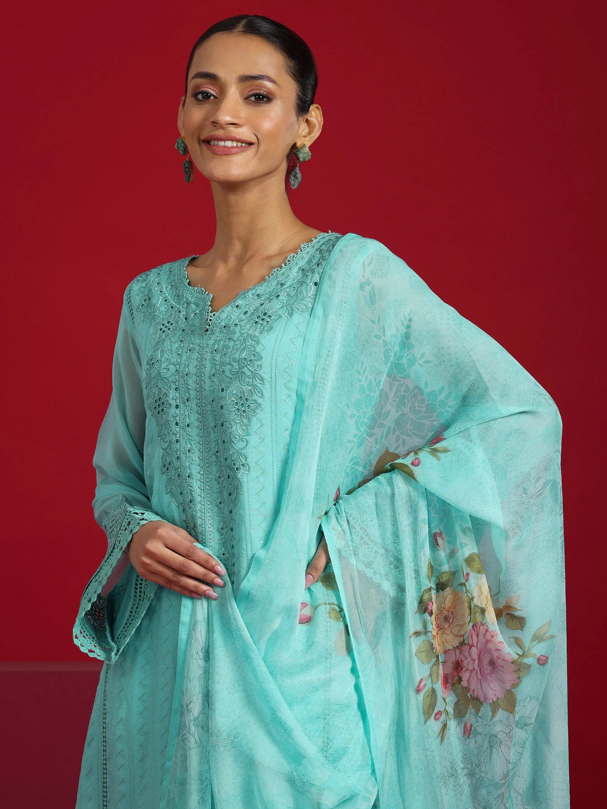 Libas Art Turquoise Blue Embroidered Organza Straight Suit With Dupatta
