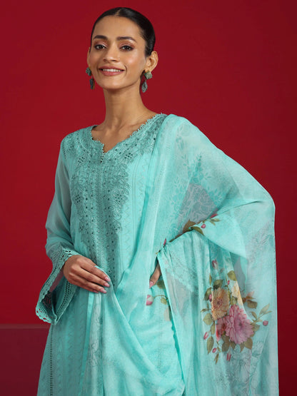 Libas Art Turquoise Blue Embroidered Organza Straight Suit With Dupatta