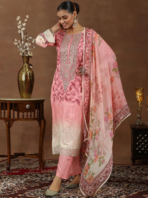 Libas Pink Embroidered Silk Blend Straight Suit With Dupatta
