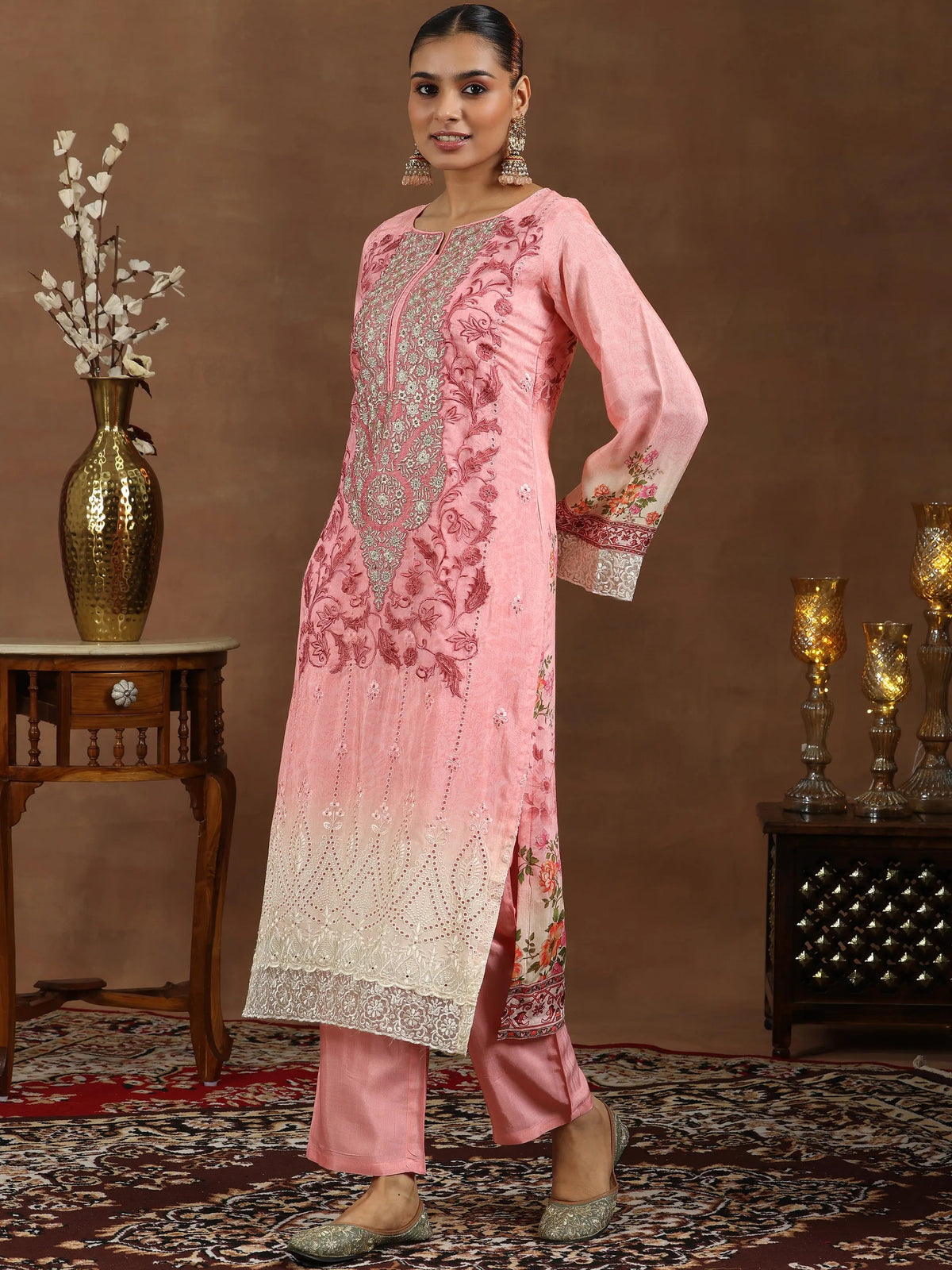 Libas Pink Embroidered Silk Blend Straight Suit With Dupatta