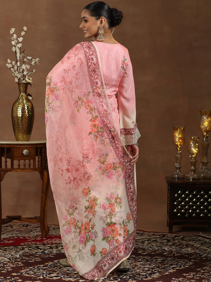 Libas Pink Embroidered Silk Blend Straight Suit With Dupatta