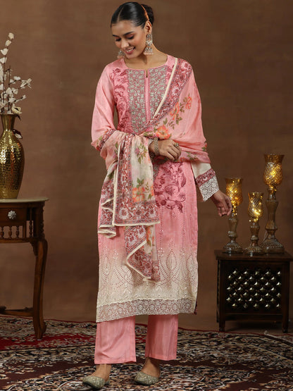 Libas Pink Embroidered Silk Blend Straight Suit With Dupatta