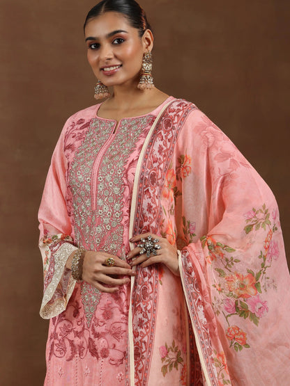 Libas Pink Embroidered Silk Blend Straight Suit With Dupatta