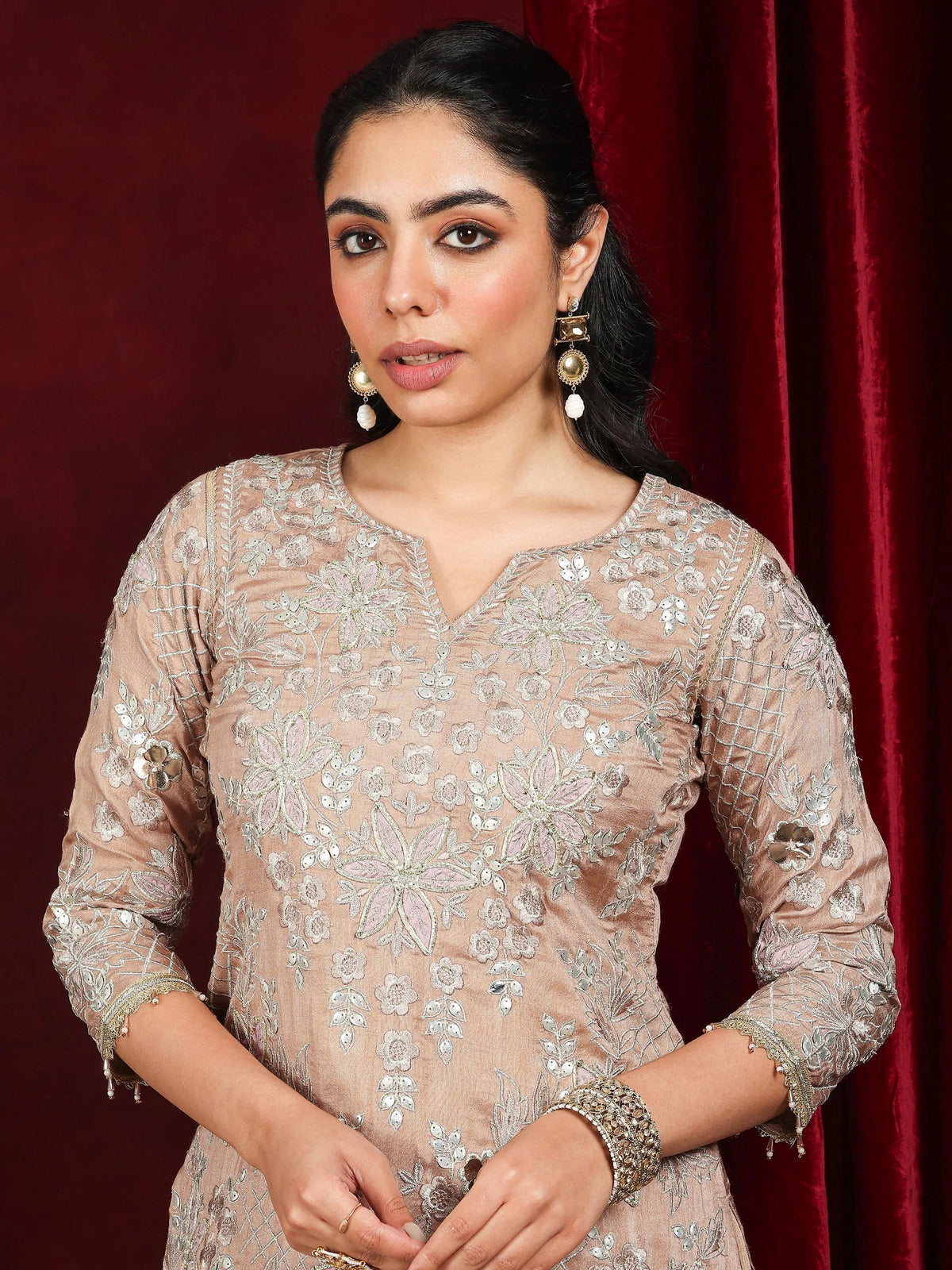 Libas Art Nude Embroidered Silk Blend Straight Suit With Dupatta