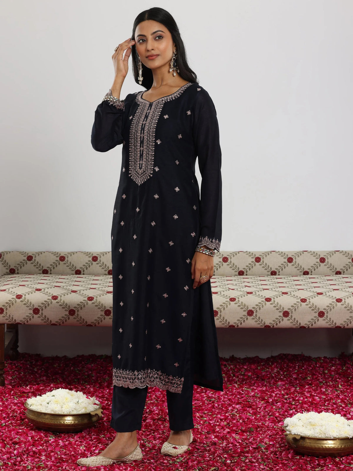 Libas Navy Embroidered Silk Blend Straight Suit With Dupatta