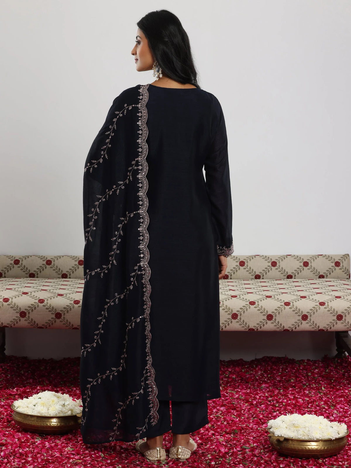 Libas Navy Embroidered Silk Blend Straight Suit With Dupatta