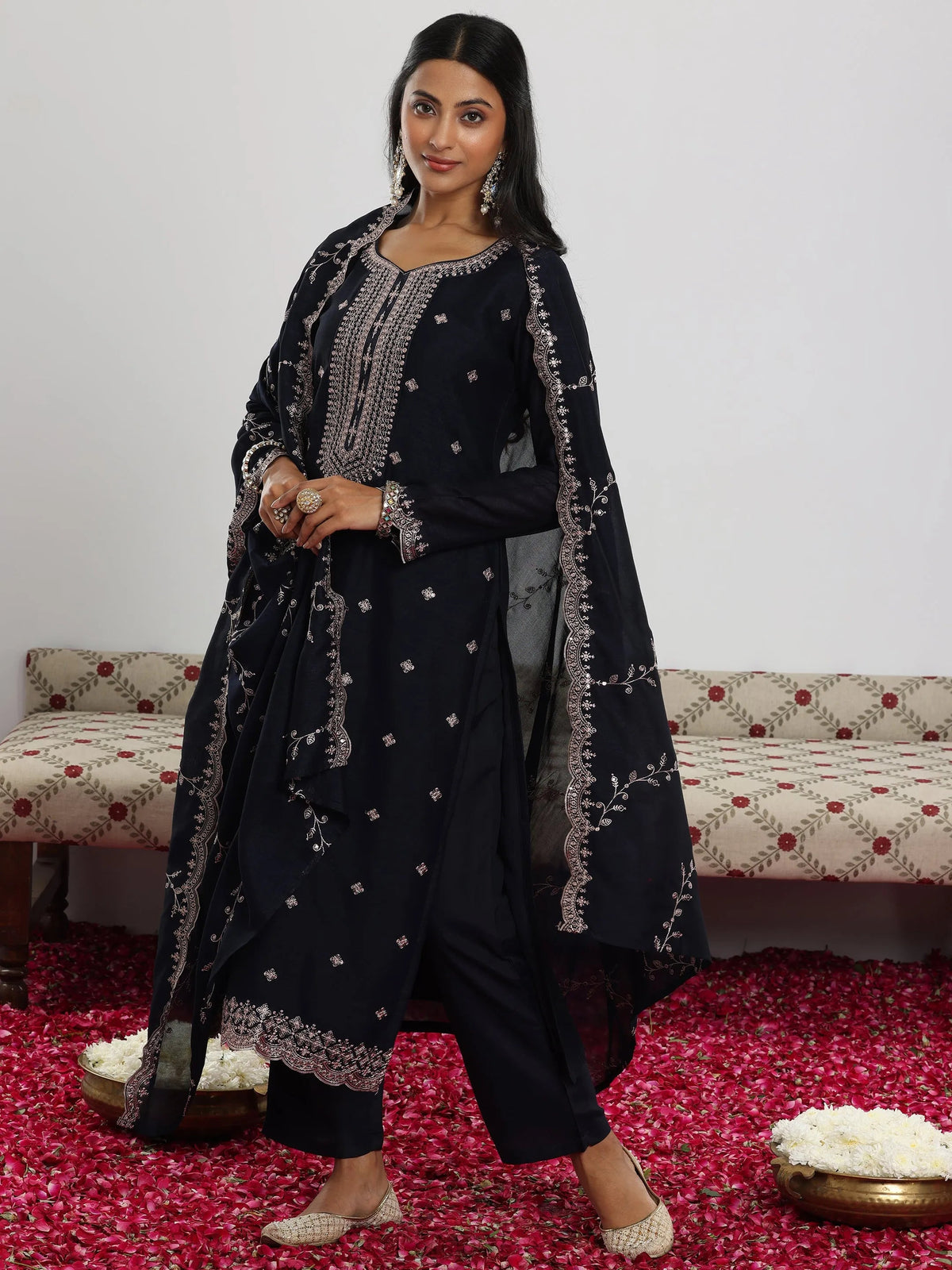 Libas Navy Embroidered Silk Blend Straight Suit With Dupatta