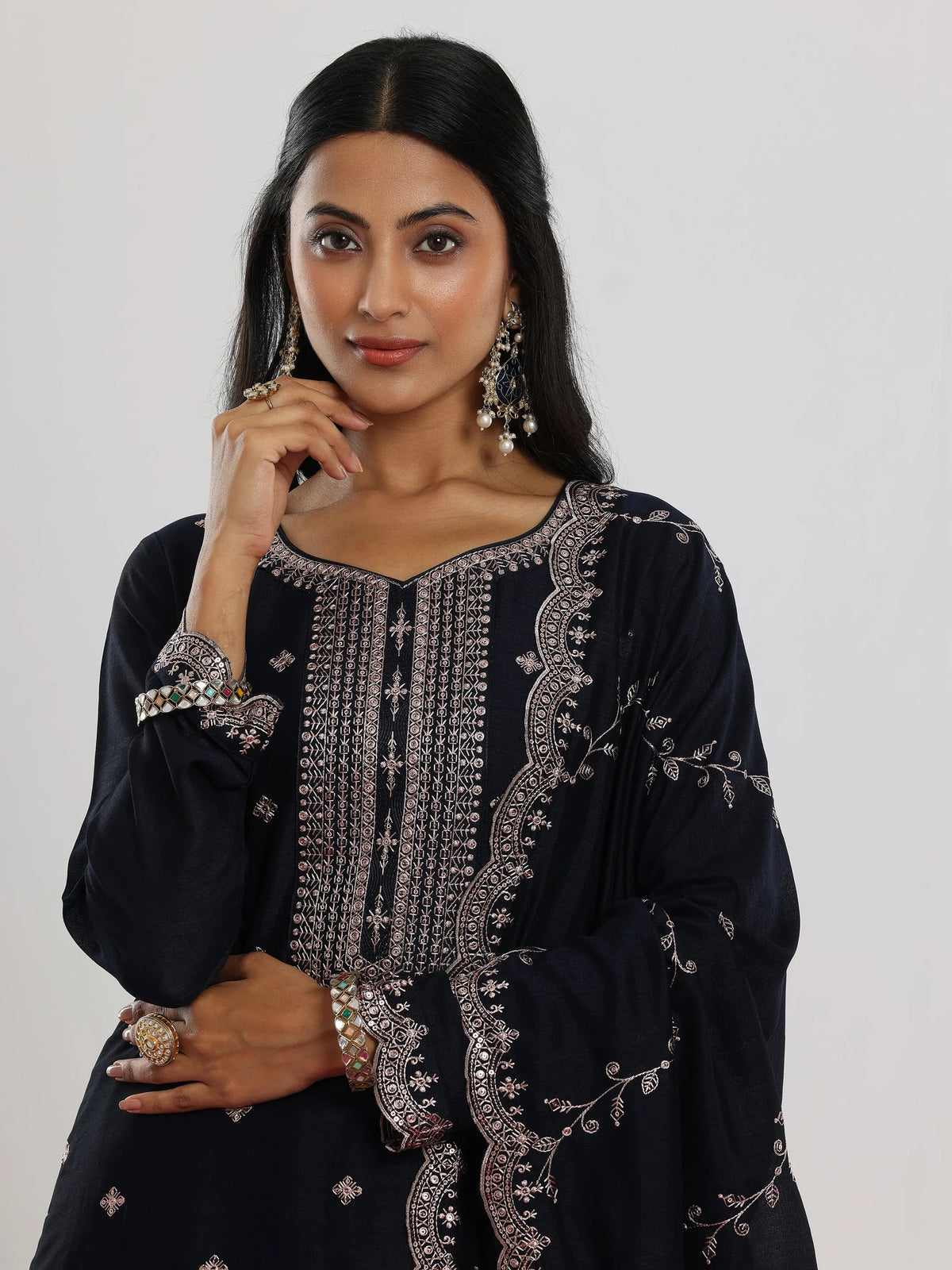 Libas Navy Embroidered Silk Blend Straight Suit With Dupatta