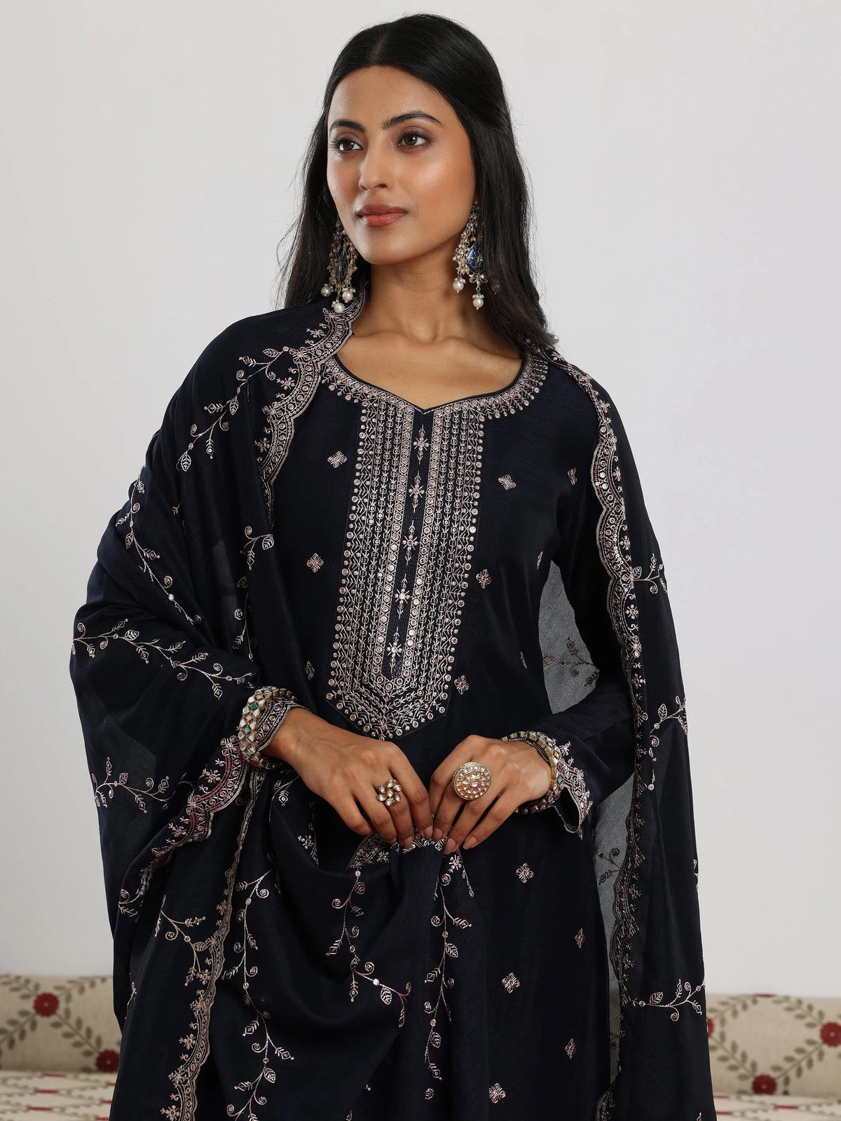 Libas Navy Embroidered Silk Blend Straight Suit With Dupatta