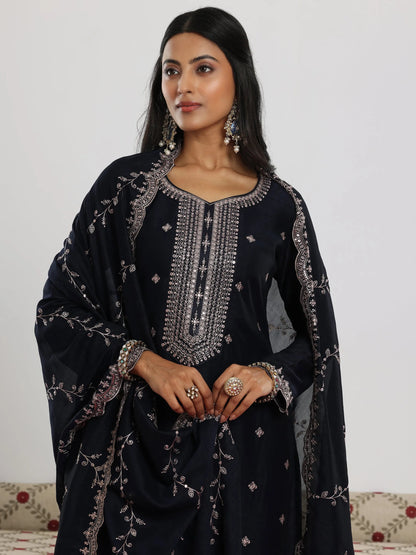 Libas Navy Embroidered Silk Blend Straight Suit With Dupatta
