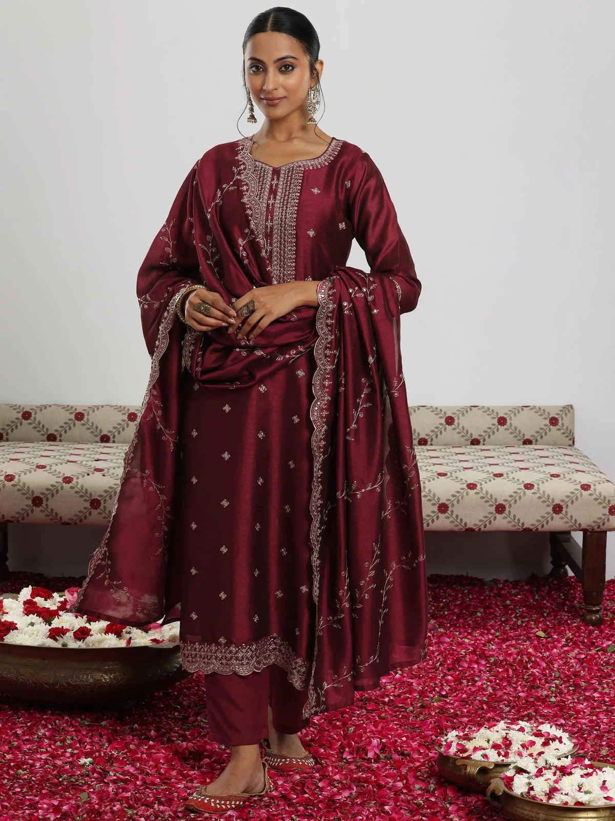 Libas Maroon Embroidered Silk Blend Straight Suit With Dupatta