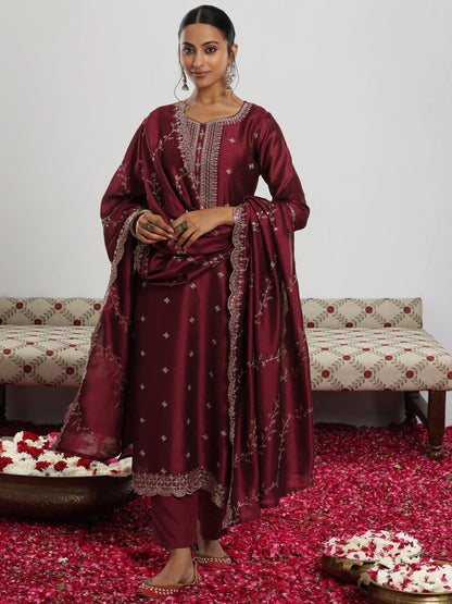 Libas Maroon Embroidered Silk Blend Straight Suit With Dupatta