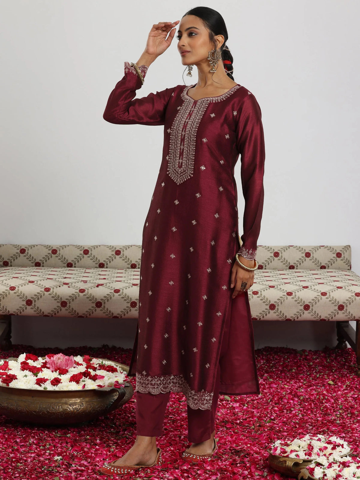Libas Maroon Embroidered Silk Blend Straight Suit With Dupatta