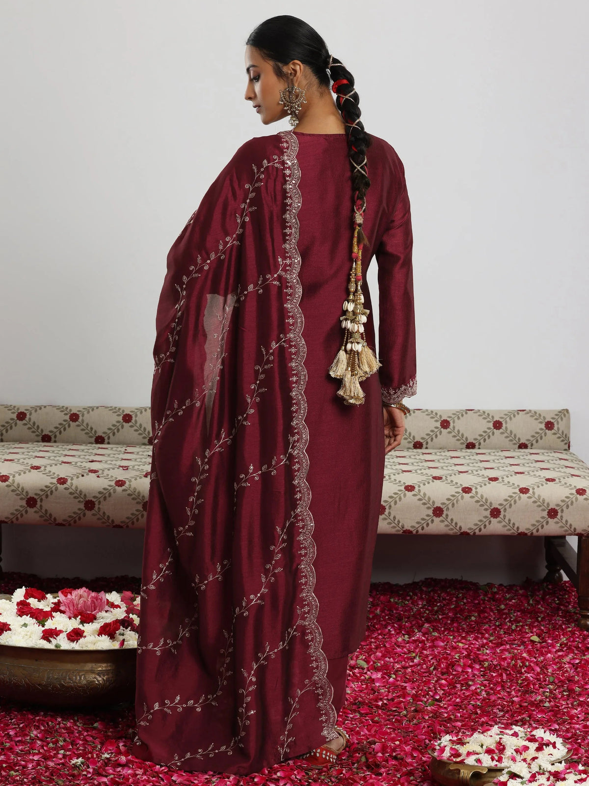 Libas Maroon Embroidered Silk Blend Straight Suit With Dupatta