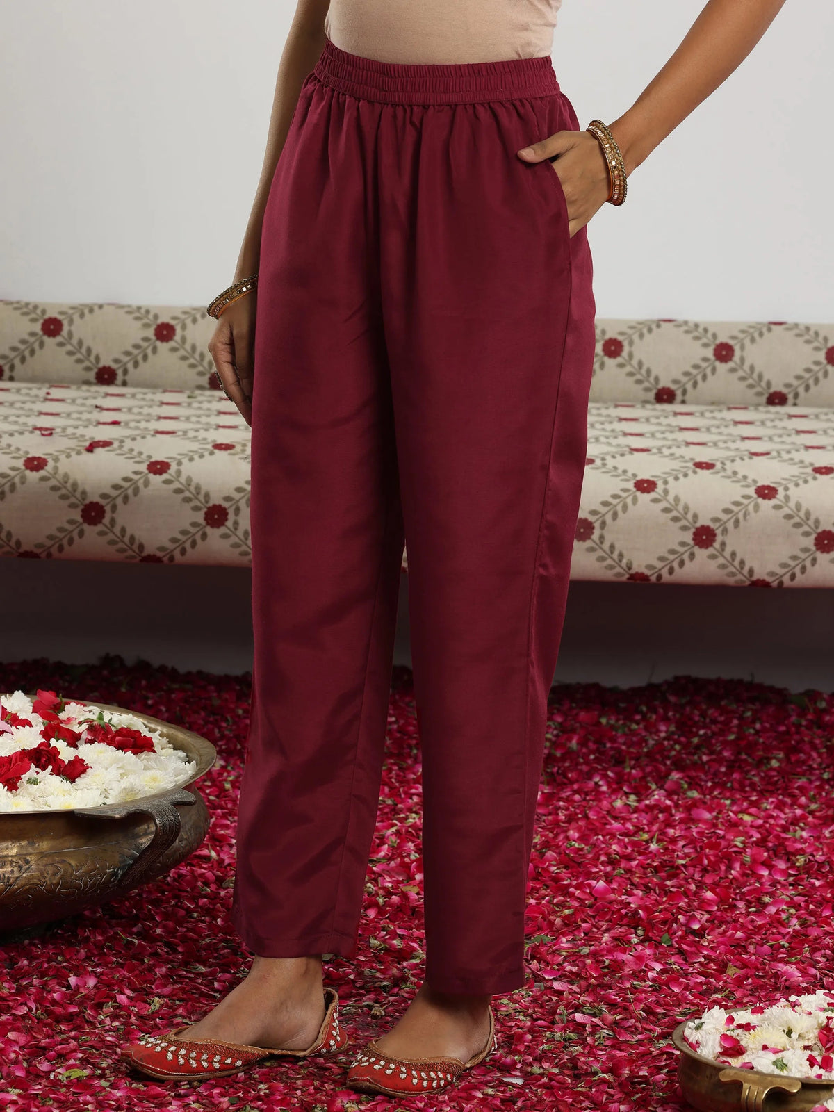 Libas Maroon Embroidered Silk Blend Straight Suit With Dupatta