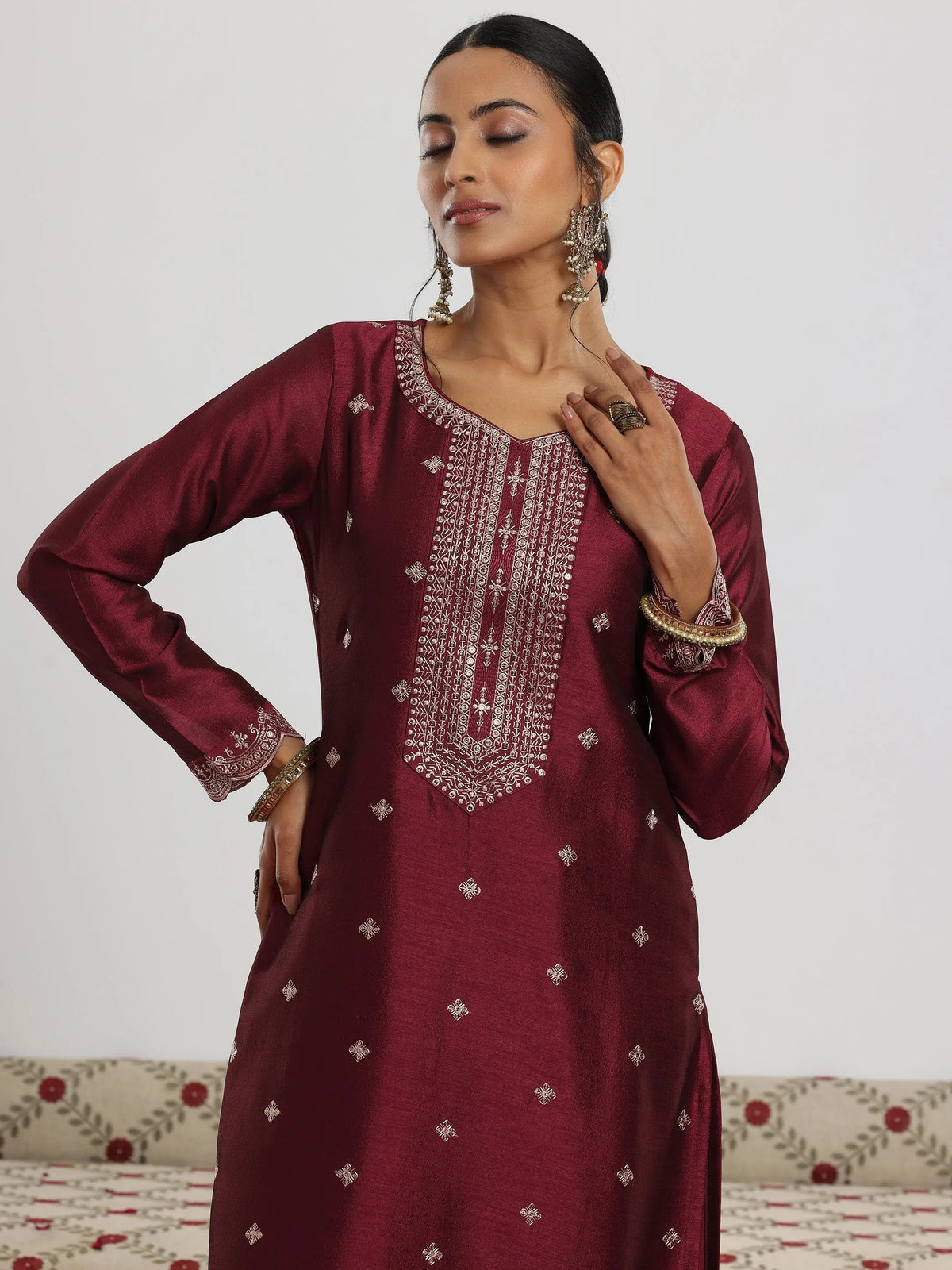 Libas Maroon Embroidered Silk Blend Straight Suit With Dupatta