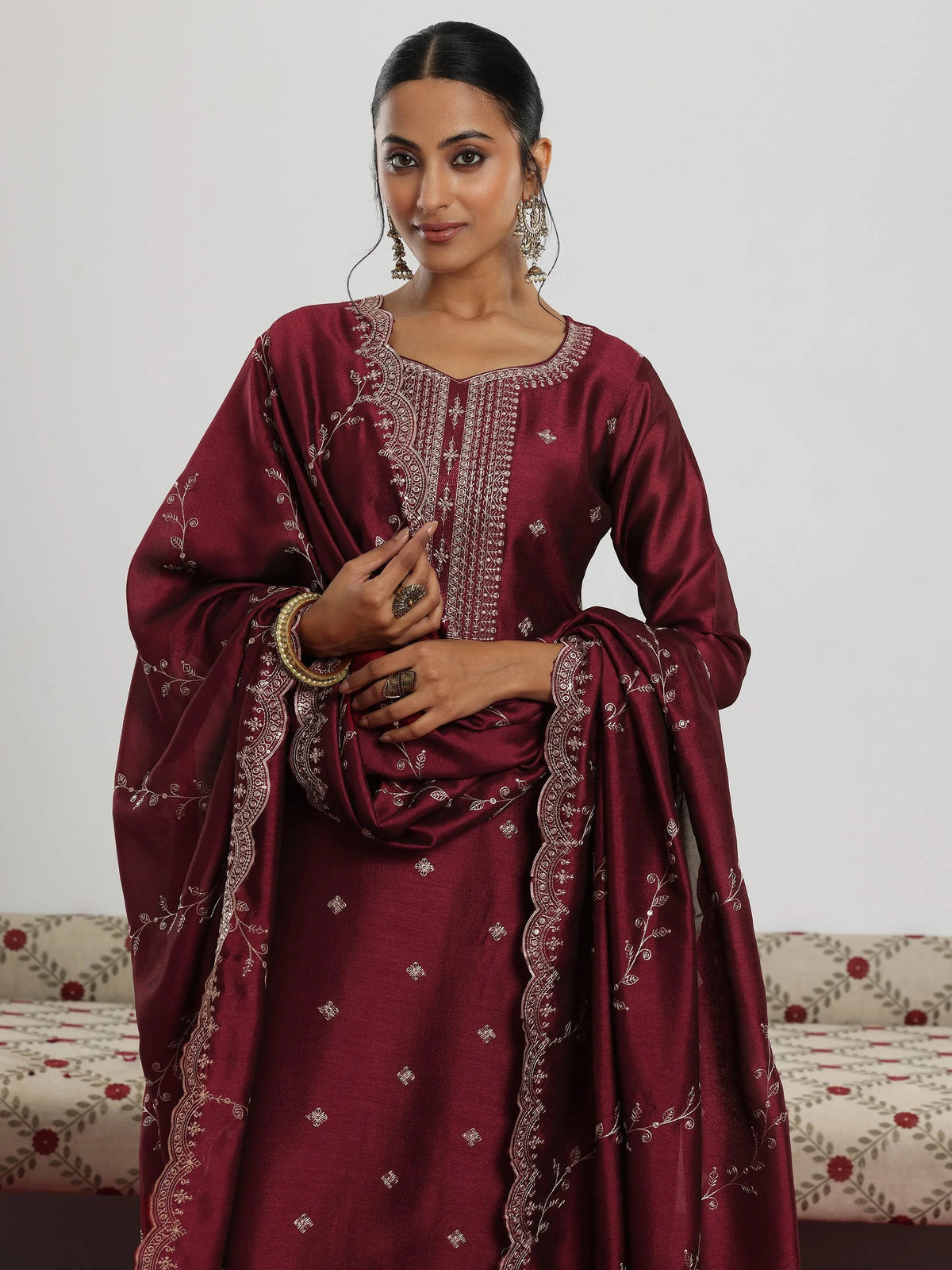 Libas Maroon Embroidered Silk Blend Straight Suit With Dupatta
