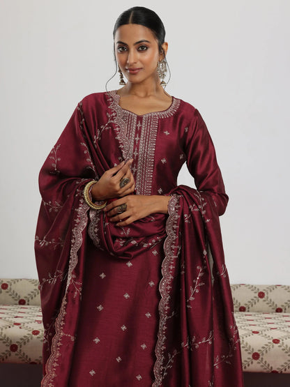 Libas Maroon Embroidered Silk Blend Straight Suit With Dupatta
