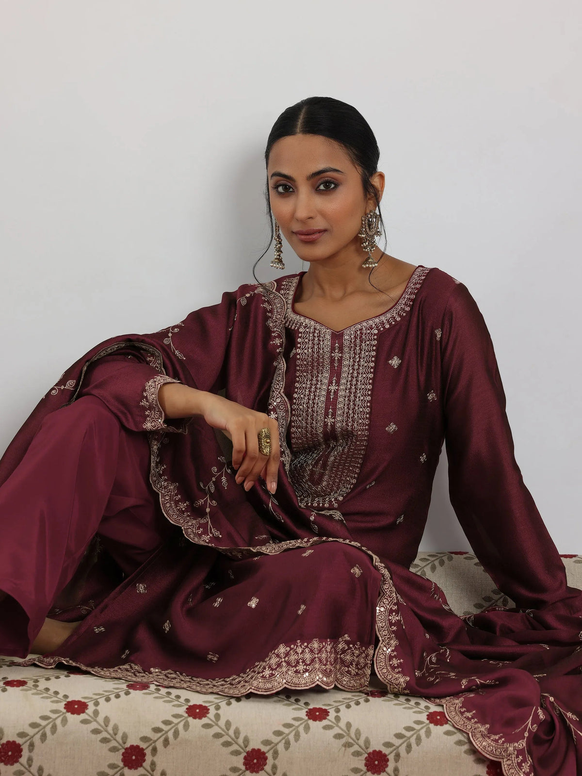 Libas Maroon Embroidered Silk Blend Straight Suit With Dupatta