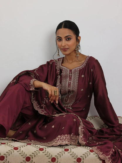 Libas Maroon Embroidered Silk Blend Straight Suit With Dupatta