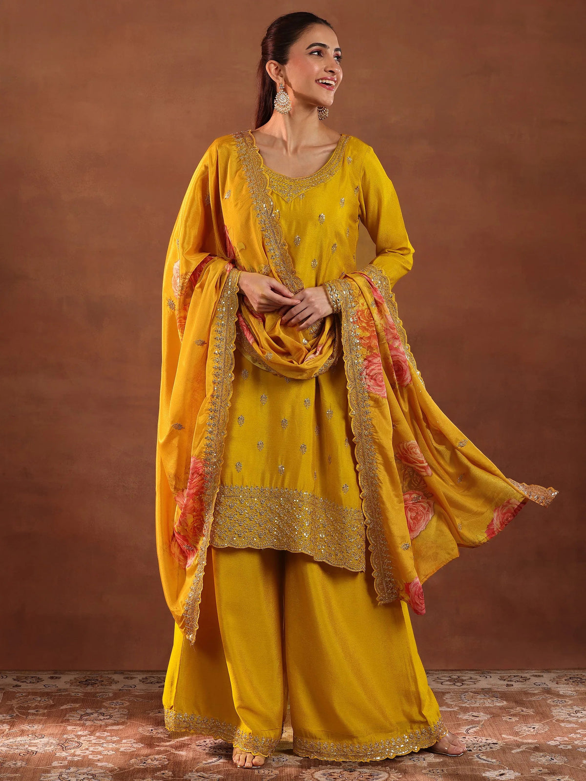 Libas Mustard Embroidered Silk Blend Straight Suit With Dupatta