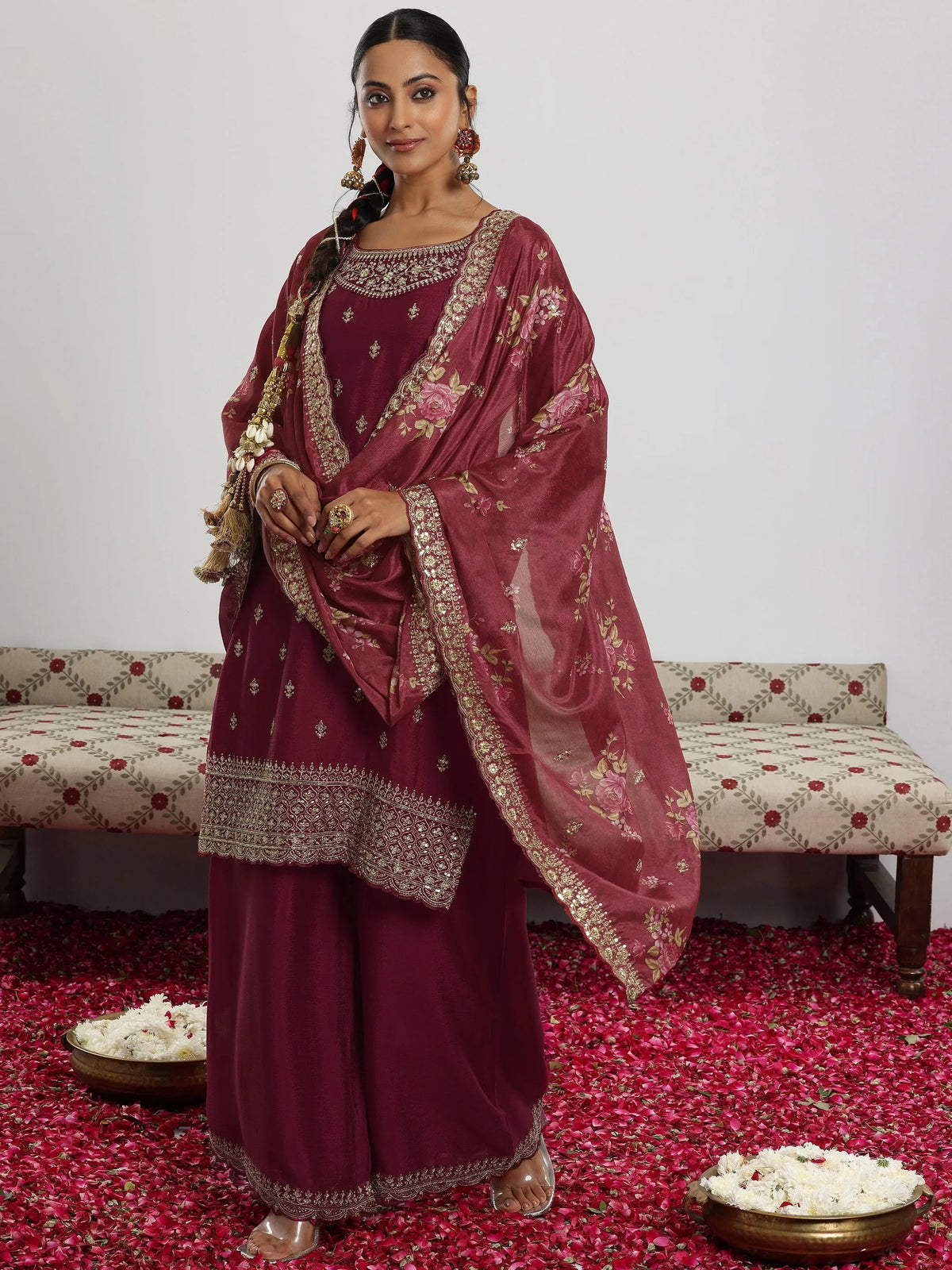 Libas Maroon Embroidered Silk Blend Straight Suit With Dupatta