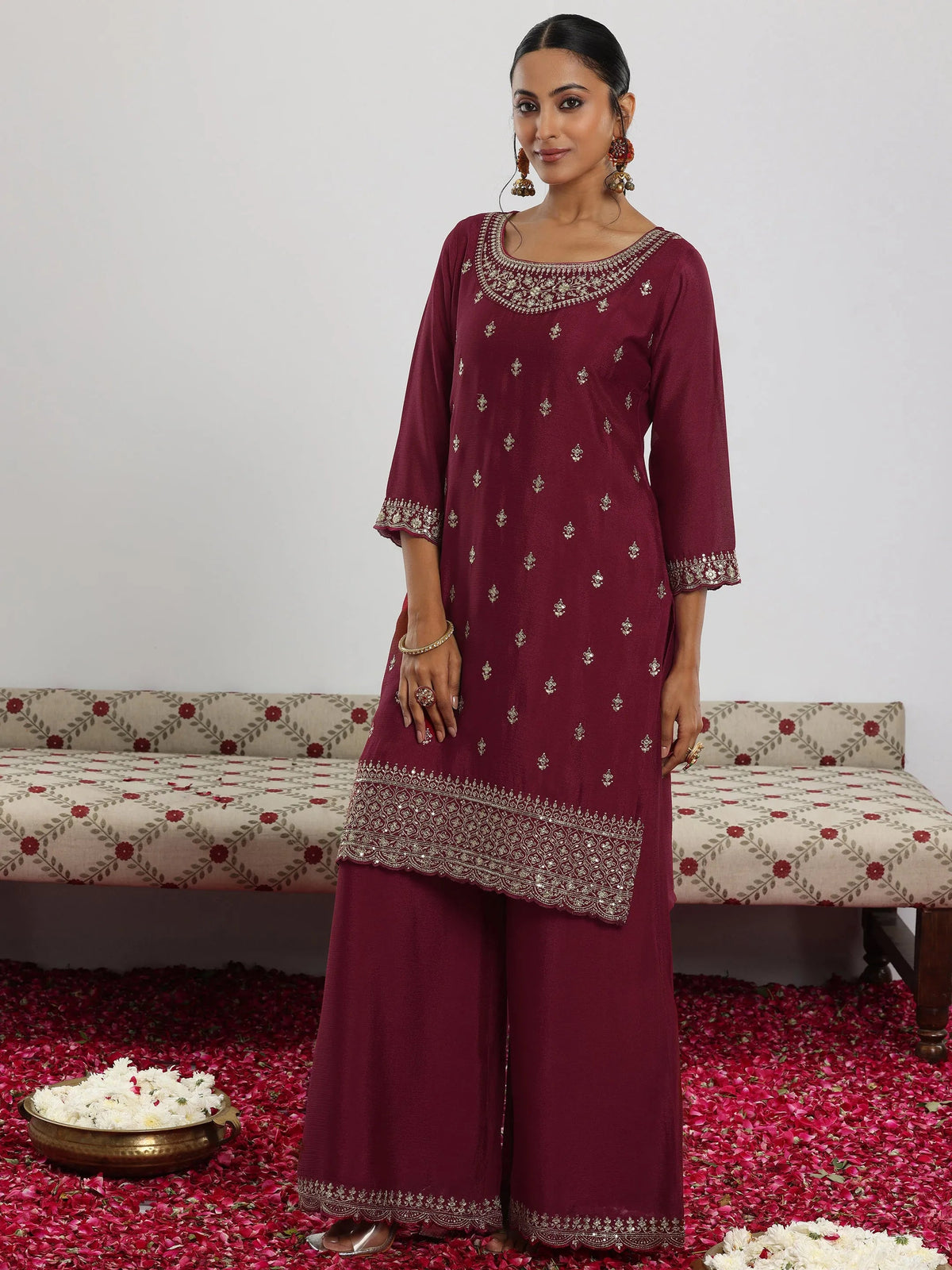 Libas Maroon Embroidered Silk Blend Straight Suit With Dupatta