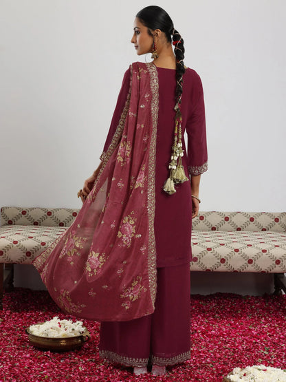 Libas Maroon Embroidered Silk Blend Straight Suit With Dupatta