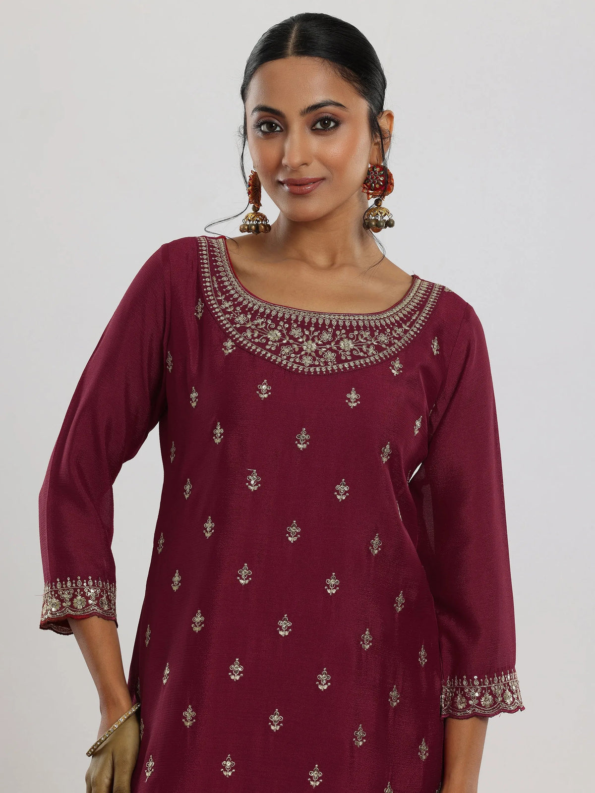 Libas Maroon Embroidered Silk Blend Straight Suit With Dupatta