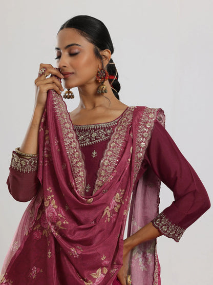 Libas Maroon Embroidered Silk Blend Straight Suit With Dupatta