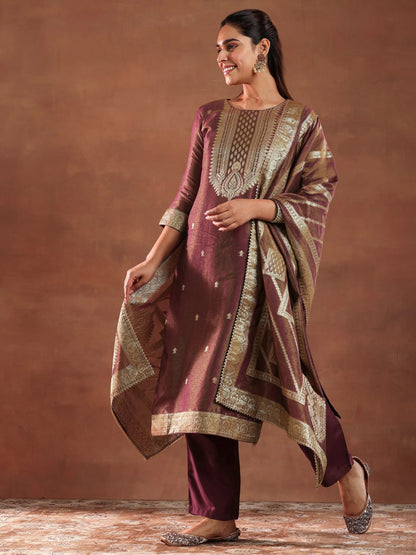 Libas Maroon Woven Design Silk Blend Straight Suit With Dupatta