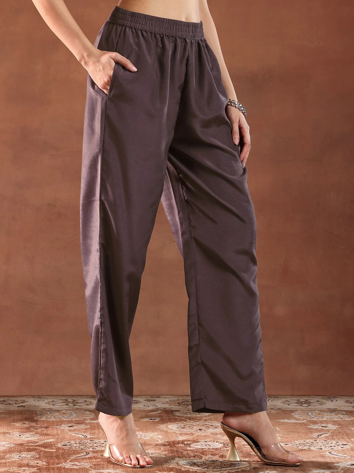Libas Brown Woven Design Silk Blend Straight Suit With Dupatta