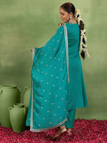Libas Green Yoke Design Silk Blend Anarkali Suit With Dupatta