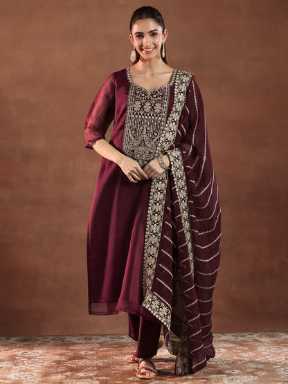 Libas Maroon Yoke Design Organza Straight Suit With Dupatta