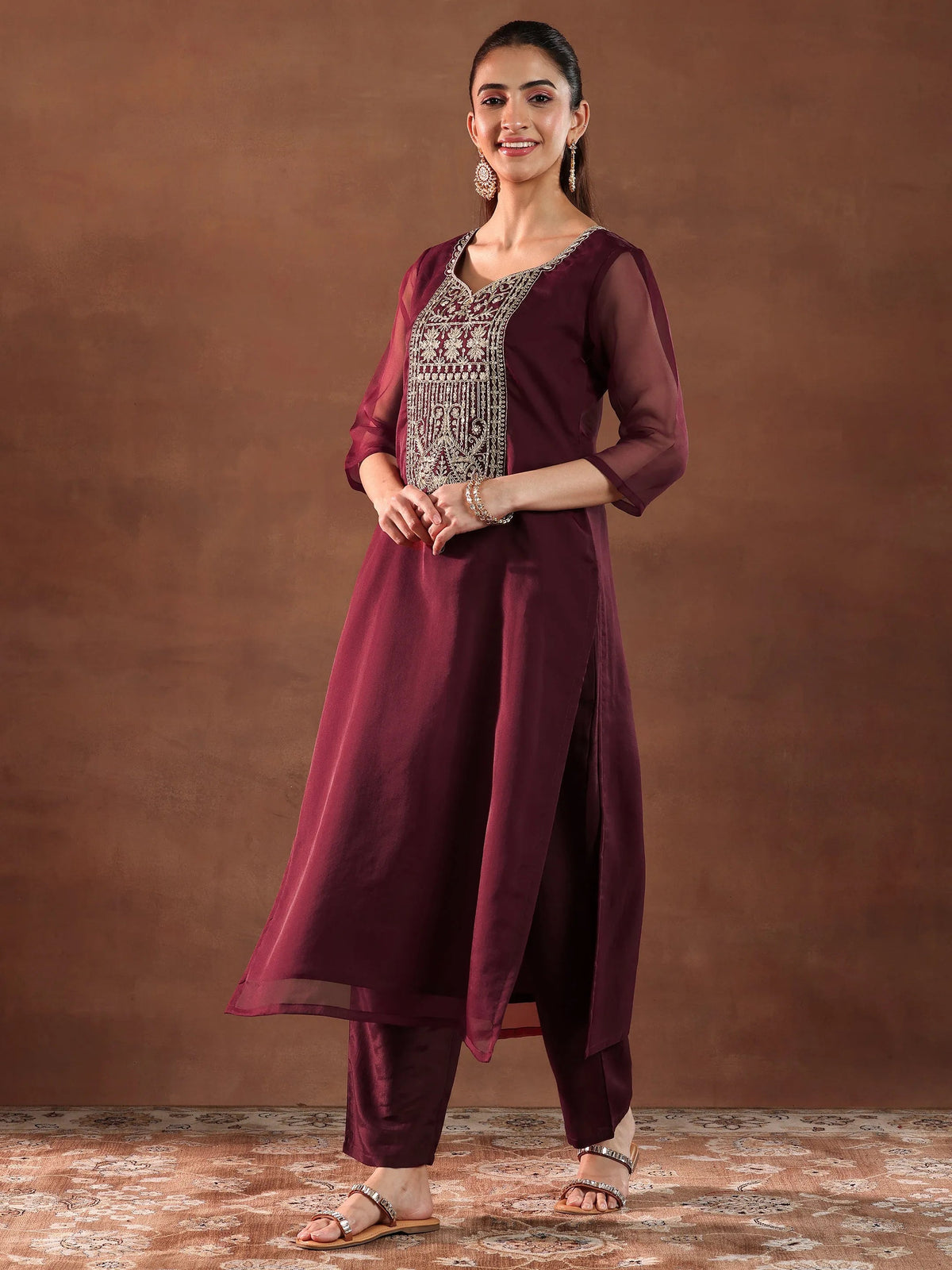 Libas Maroon Yoke Design Organza Straight Suit With Dupatta